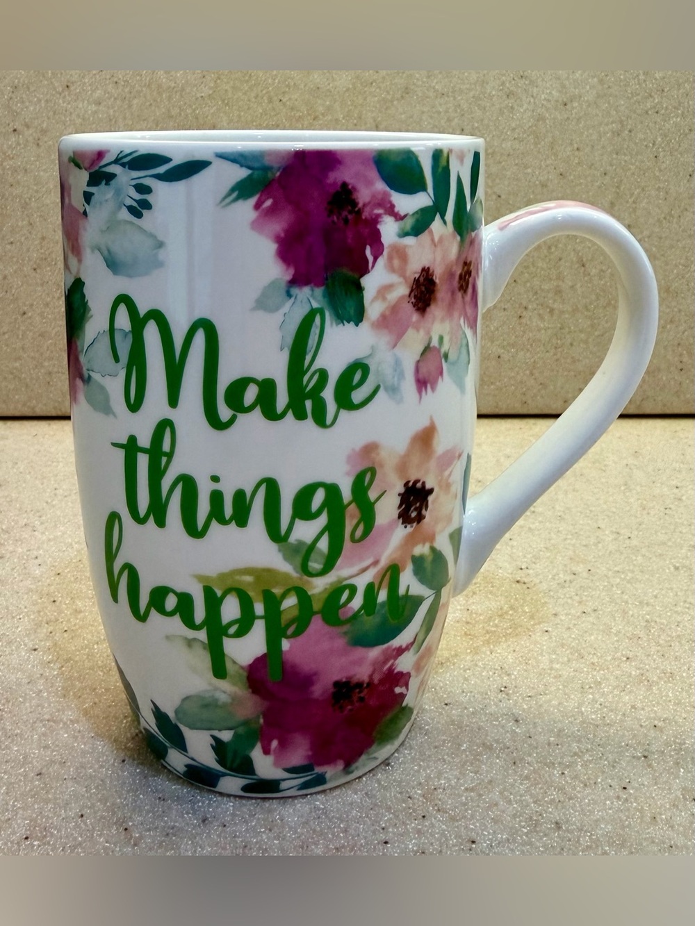 Floral "Make Things Happen" Ceramic Tall Mug  Cup White Green Pink Purple Flower